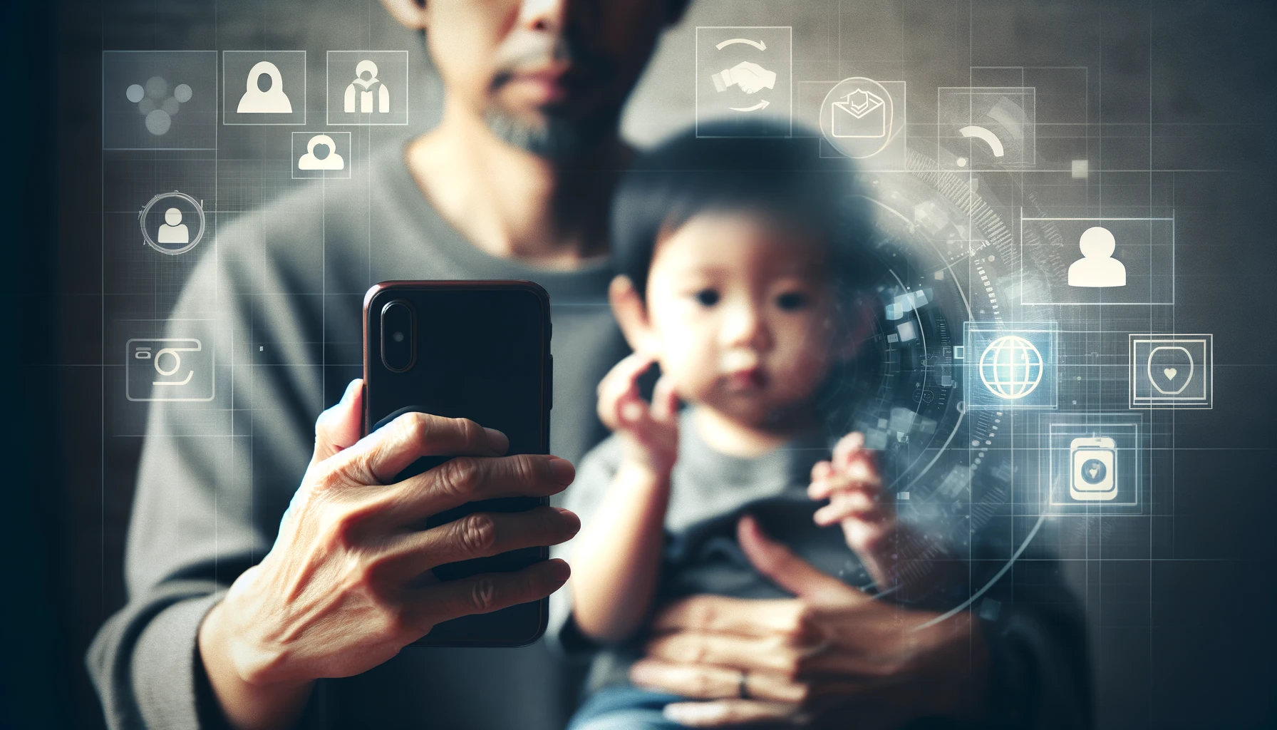 A parent holding a smartphone, capturing a moment with their child. The child is partially obscured or blurred to symbolize privacy concerns of sharenting - Kidday