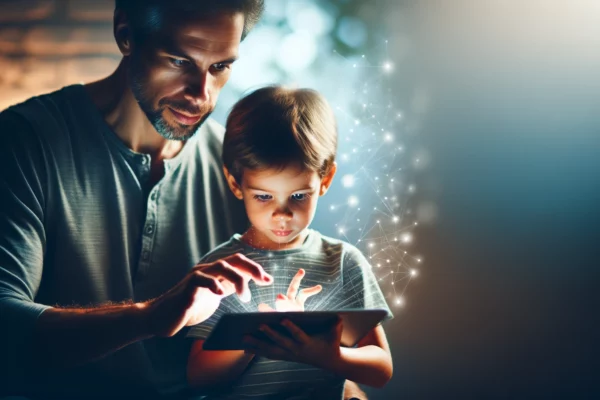 A father and his child engaging with a digital tablet together, highlighting a protective and guiding stance by the father. The digital glow from the tablet illuminates their faces, emphasizing their interaction with technology against a blurred background, symbolizing parental guidance in the digital age.